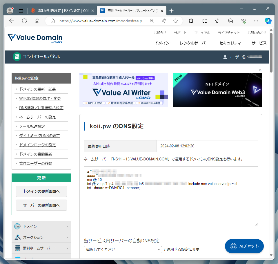 DNS設定画面
