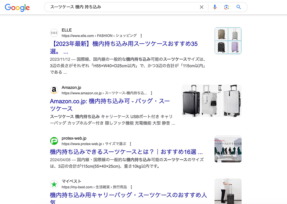 「スーツケース 機内 持ち込み」の検索結果画面
