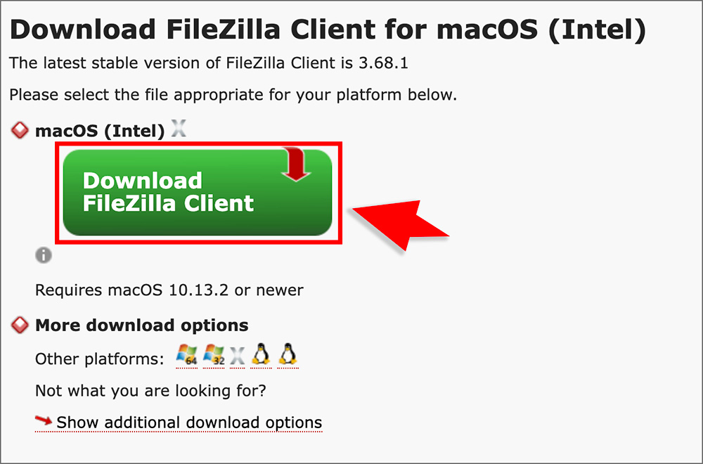 「FileZilla」のダウンロード画面