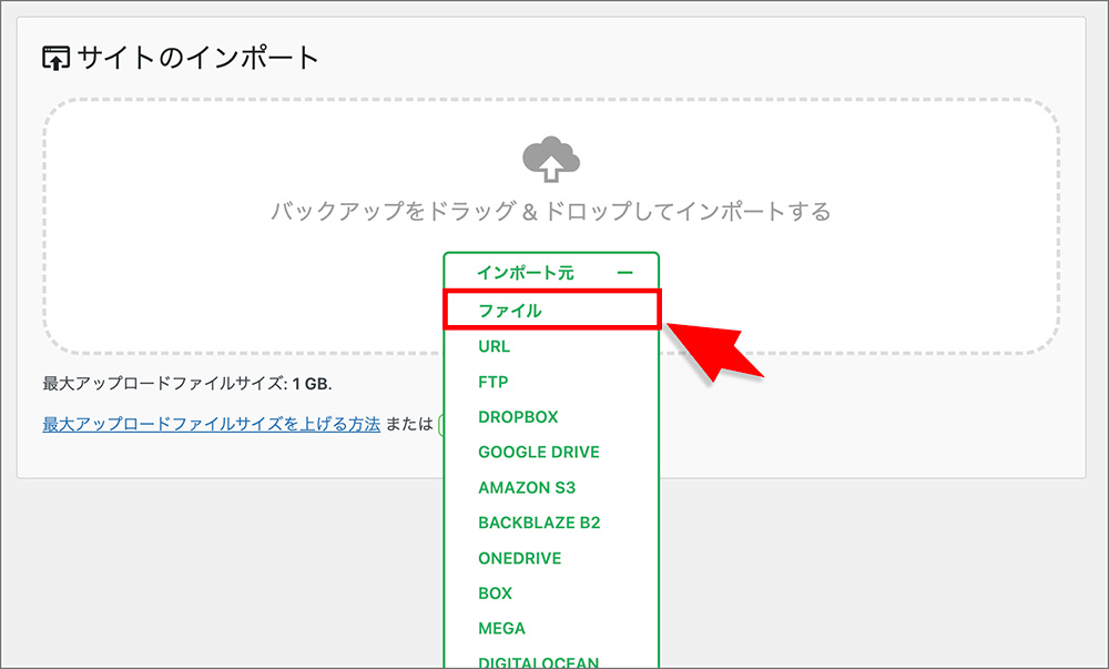 「All-in-One WP Migration」のインポート画面