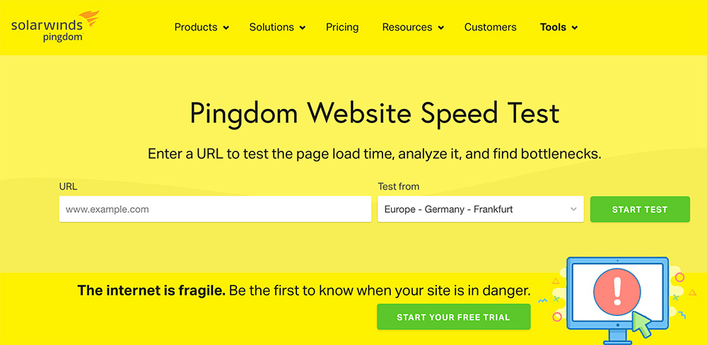 Pingdom Website Speed Testのファーストビュー画面