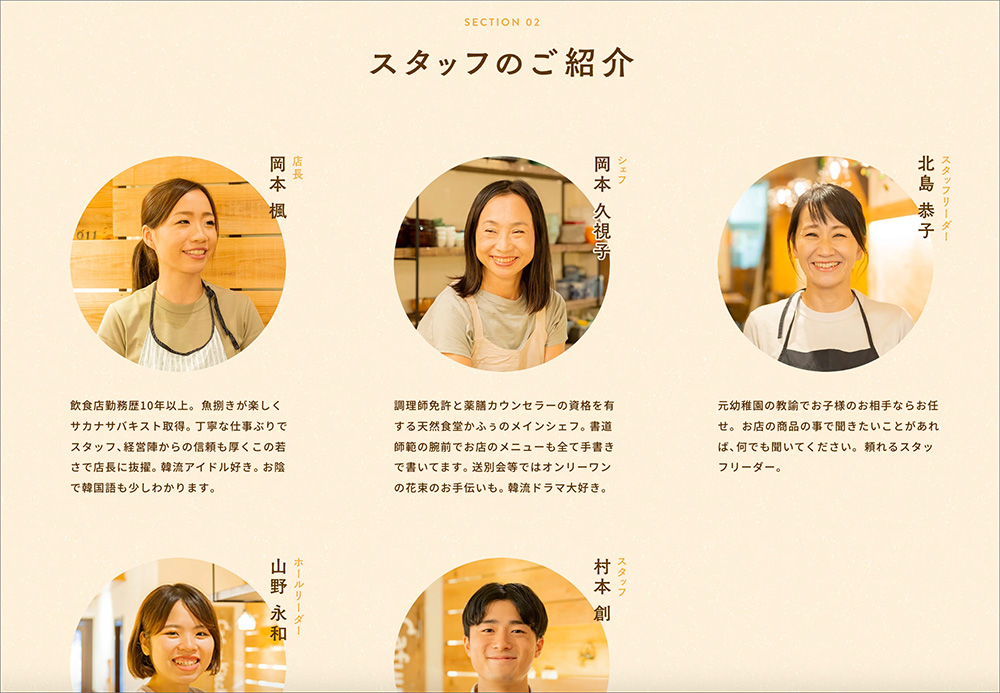 『天然食堂かふぅ』のスタッフ紹介ページ