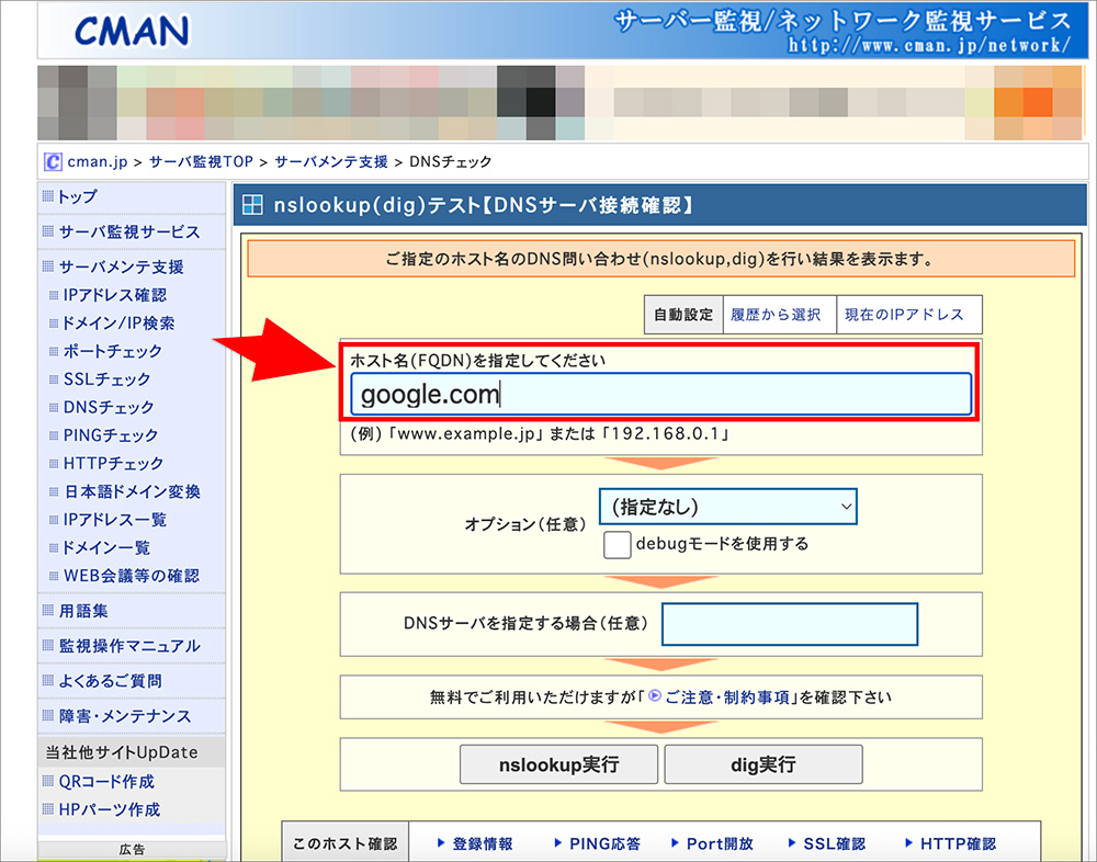 CMAN DNSチェックの画面