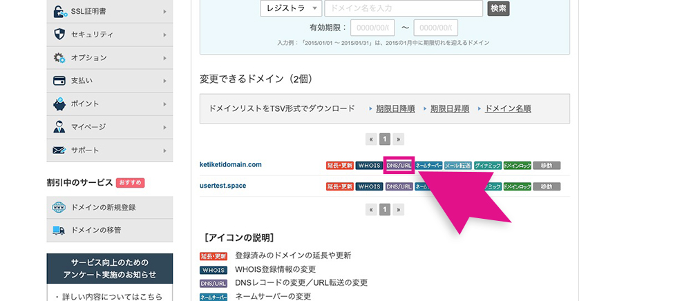 設定したいドメインの「DNS/URL」ボタン