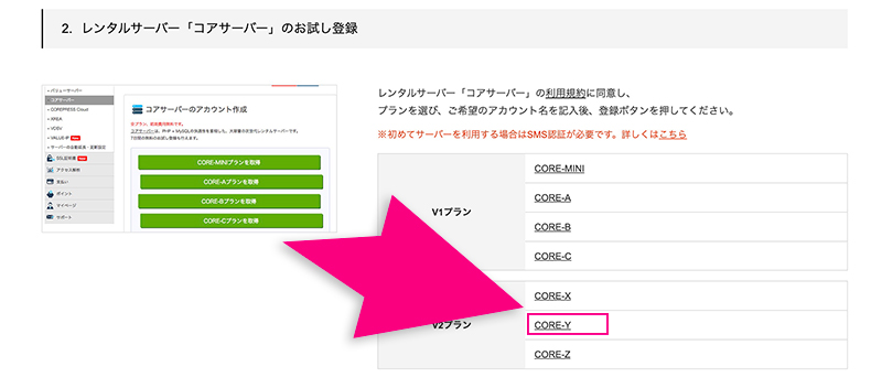 コアサーバープラン選択画面