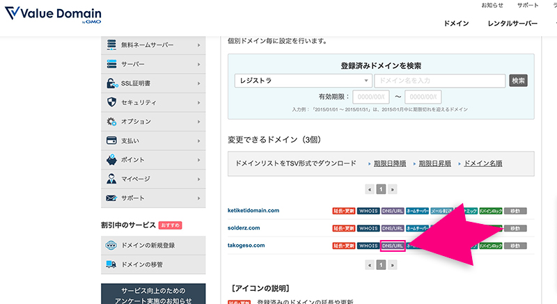 バリュードメインのDNS/URLアイコン