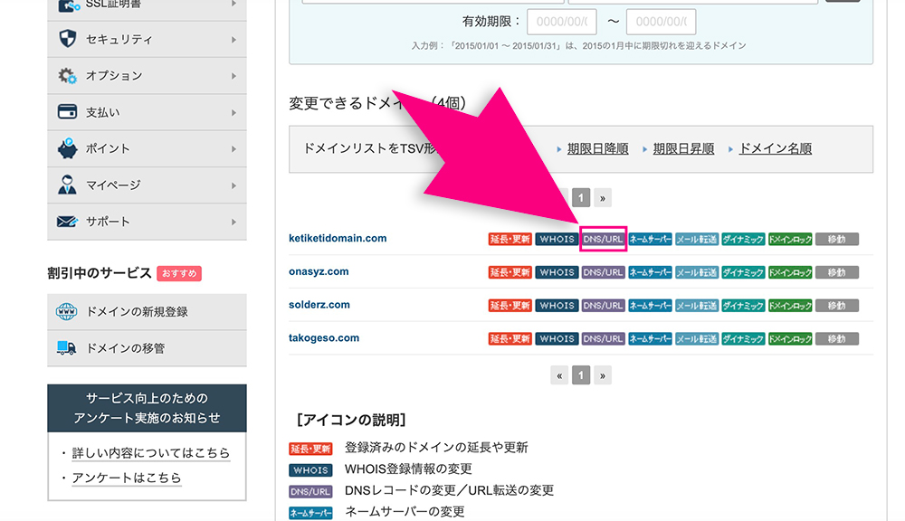 バリュードメインの「DNS/URL」メニュー