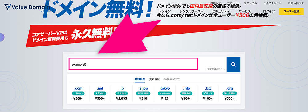 バリュードメインのドメイン検索窓