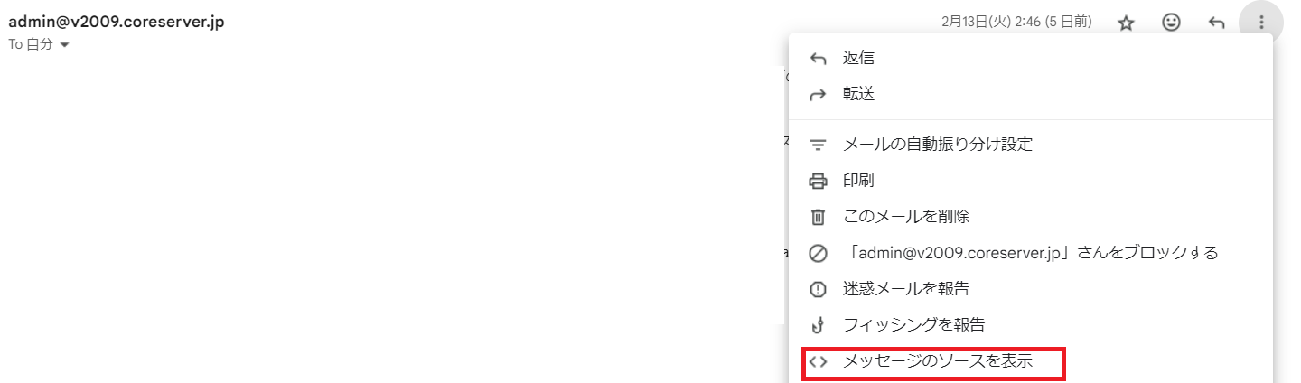 Gmail「メッセージのソースを表示」の箇所