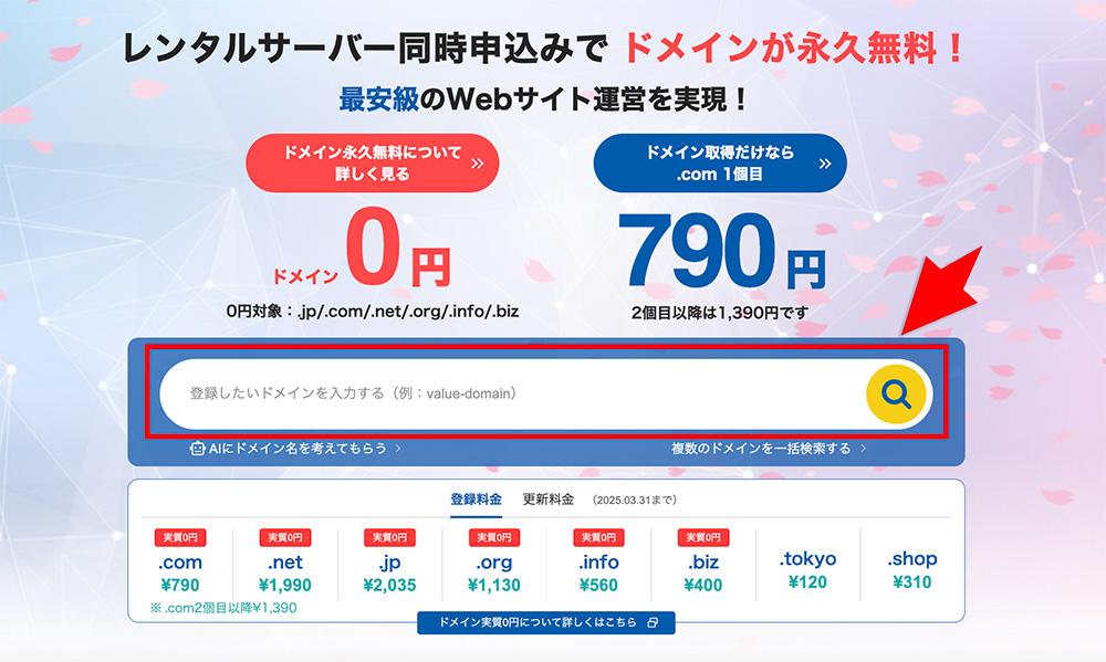 バリュードメインのドメイン検索画面