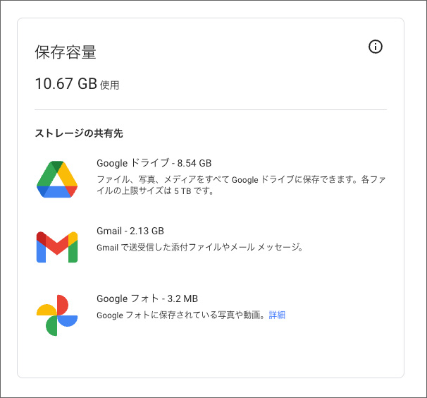 Google Oneストレージでの容量確認画面