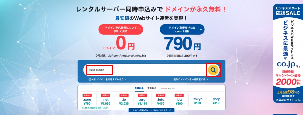 バリュードメインのドメイン検索画面