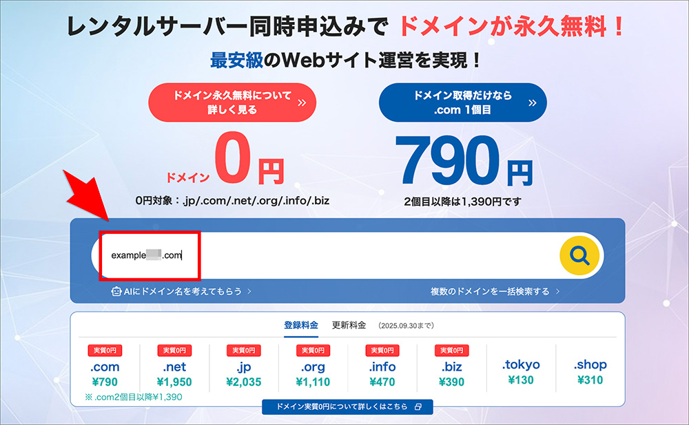バリュードメインのドメイン検索画面