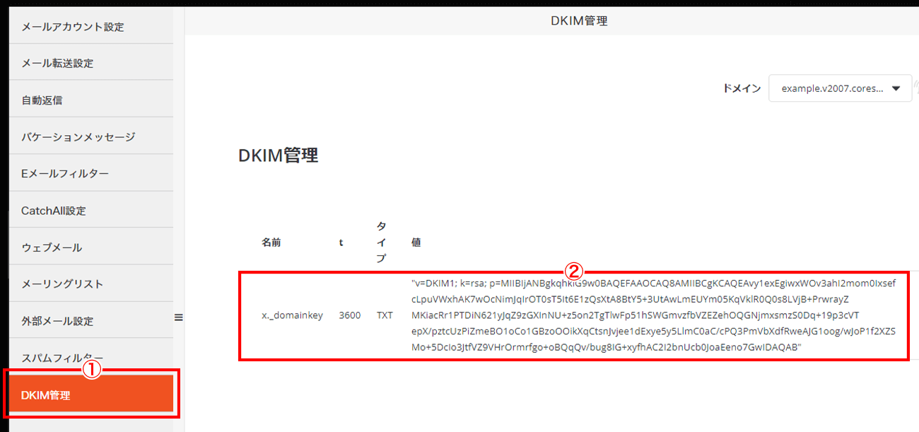 コアサーバーのDKIM設定確認画面