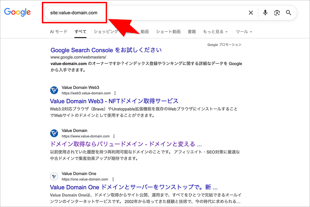 Google検索エンジンへのインデックス登録状況確認画面