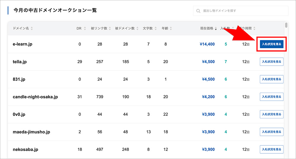 バリュードメインの.jpドメインオークションの入札画面