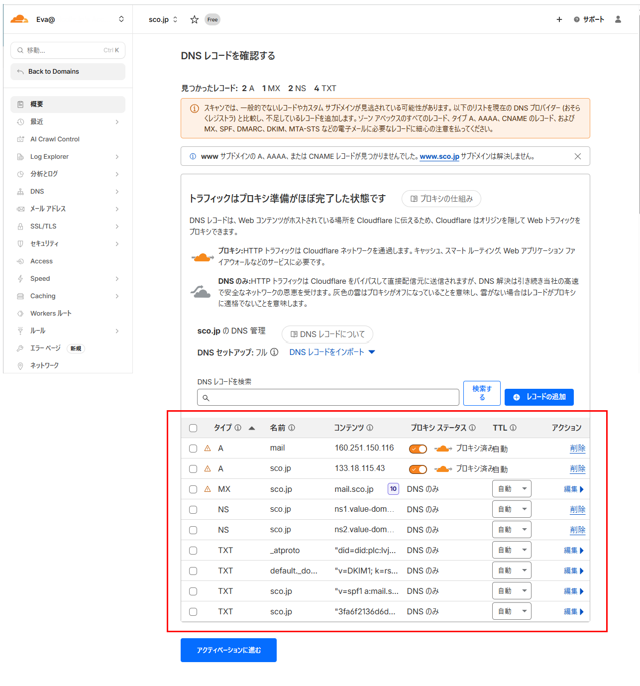 Cloudflareダッシュボード DNSレコードの一覧