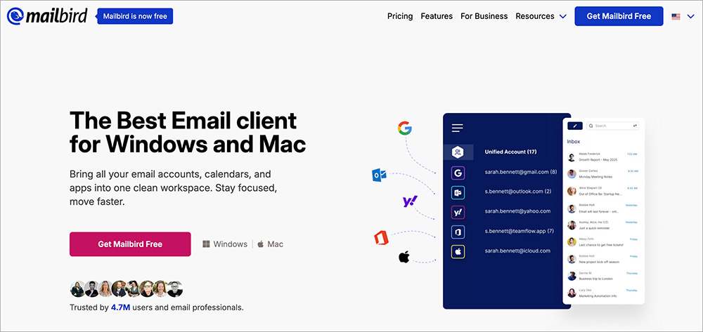 Mailbird(メールバード)のファーストビュー画面