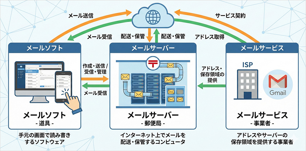メールソフト、メールサーバー、メールサービスの関連性を説明した図解画像