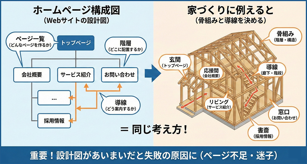 ホームページ構成図を家づくりに例えたイメージ画像