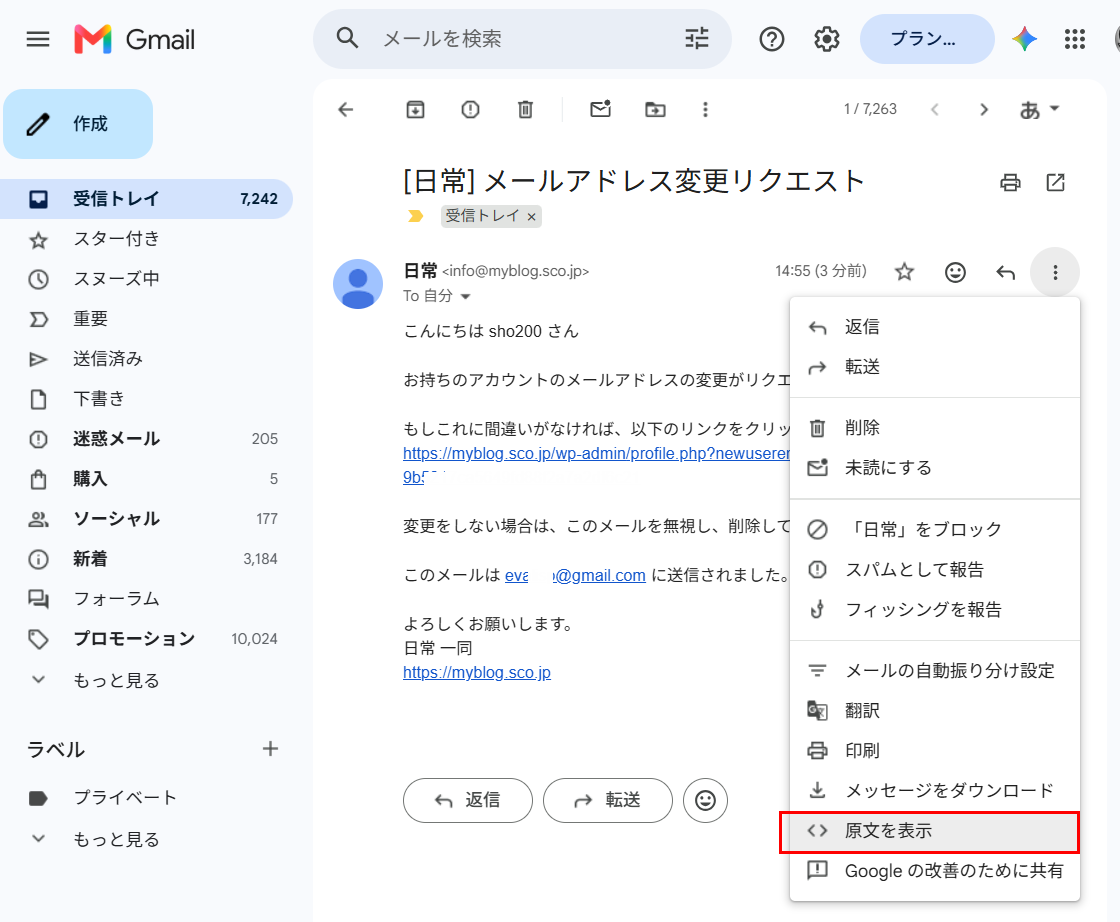メールの原文表示